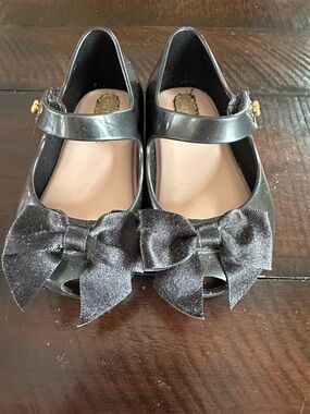Mini Melissa Black Mary Jane Shoes with Satin Bow Accent
